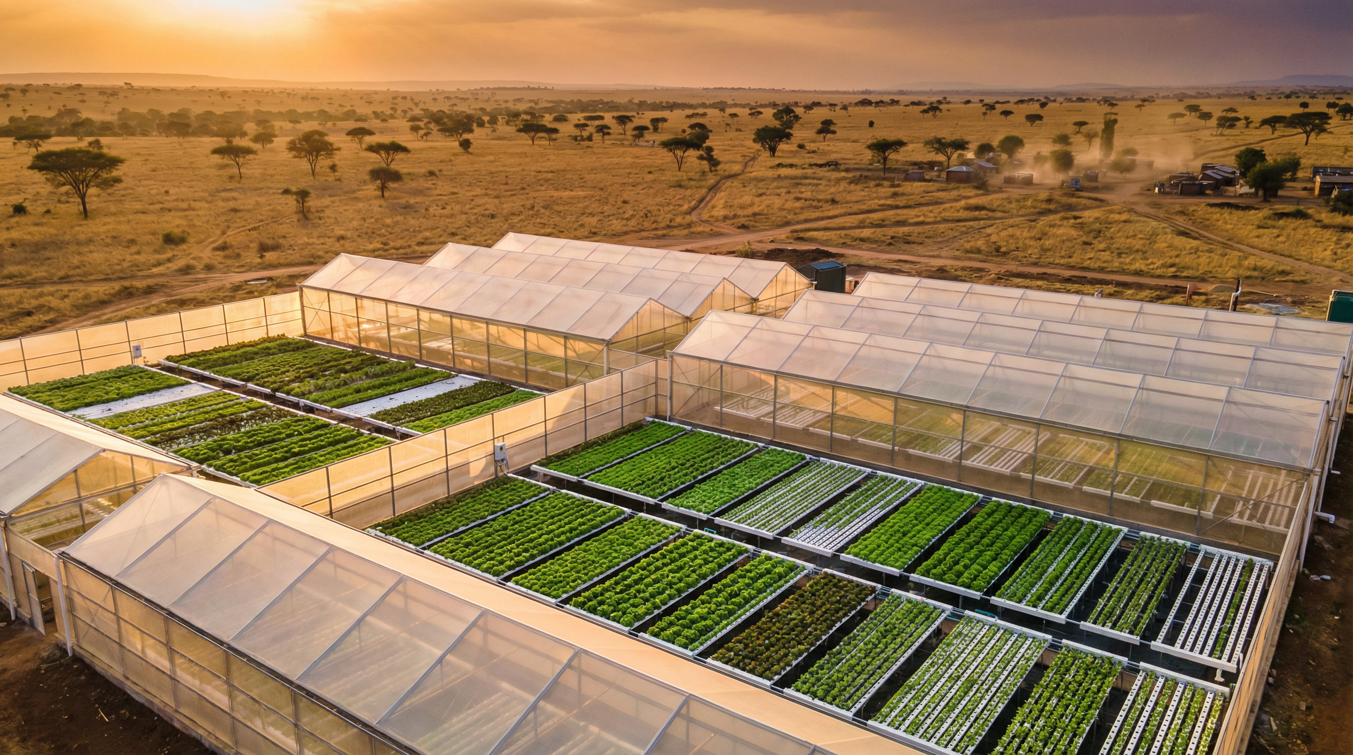 Hydroponic farm in African landscape