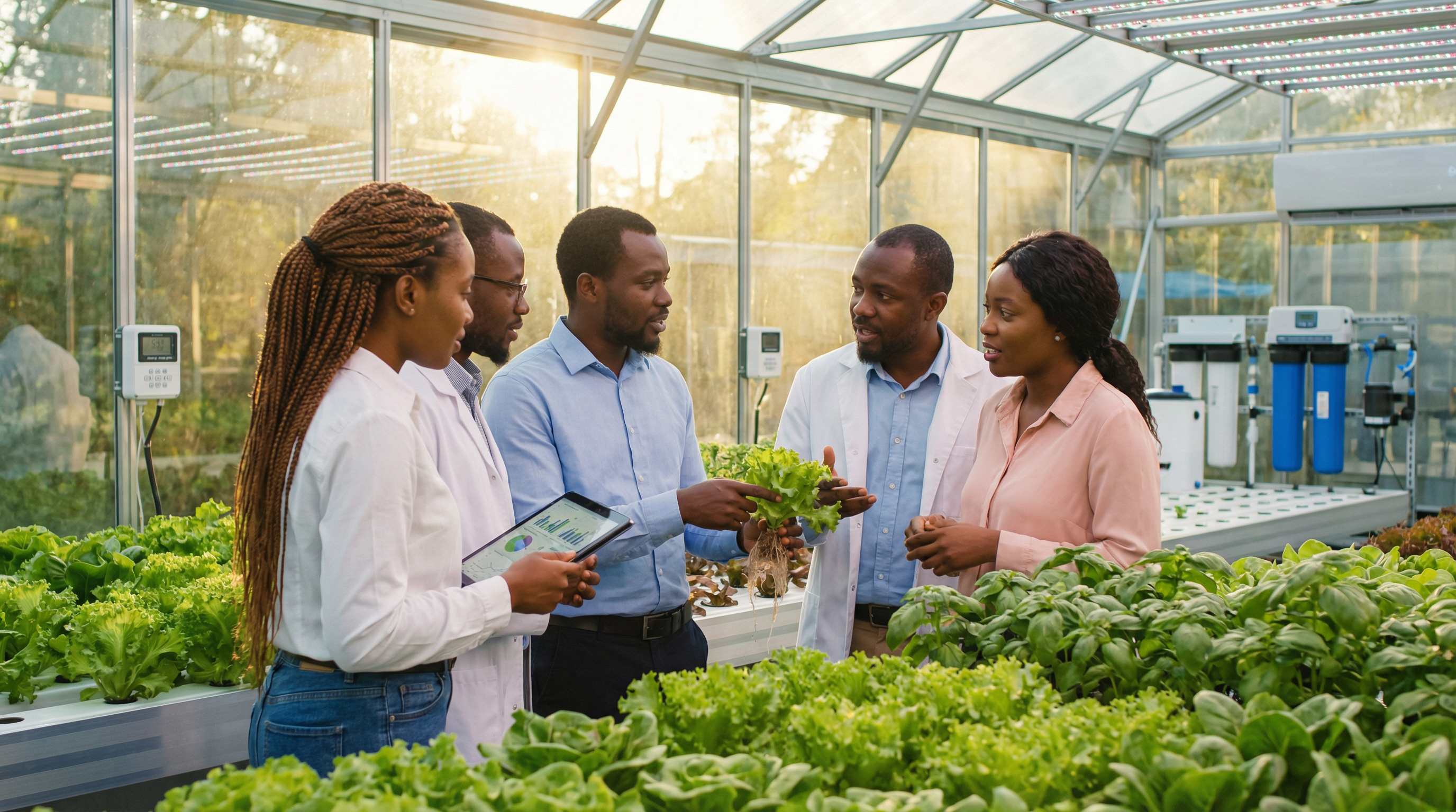 Agricultural experts examining hydroponic plants